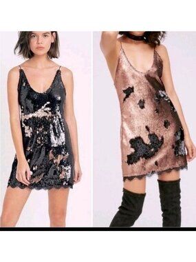 Free People Seeing Double Sequin Slip Dress New Size Medium Black Rose Gold